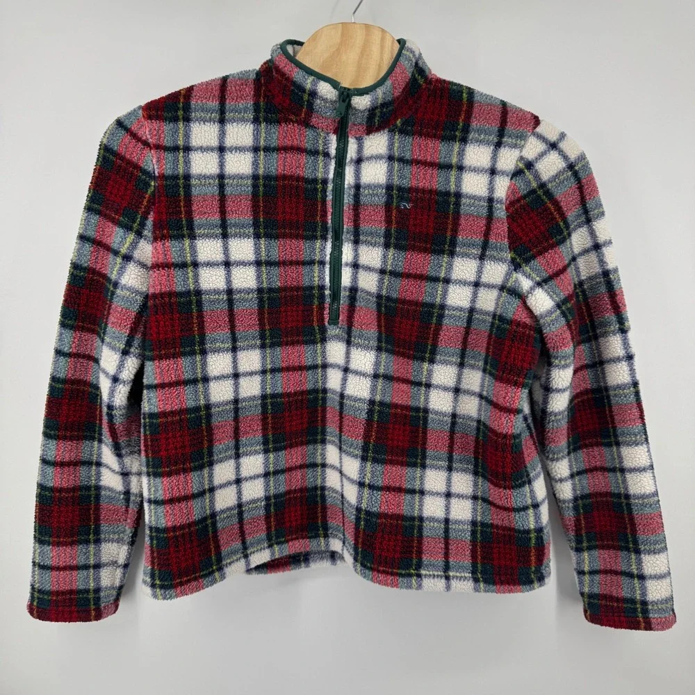 Vineyard Vines Women XL Plaid Sherpa Fleece Quarter Zip Pullover Red Green White - Picture 7 of 12